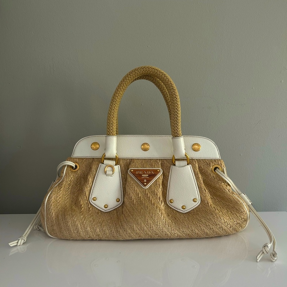 Prada Jute Frame Beige Satchel Bag